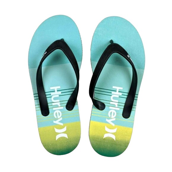 Hurley Flip-Flops  Men's Size 9  NWOT Sandal  Black w Turquoise Striped Footbed - Picture 1 of 3